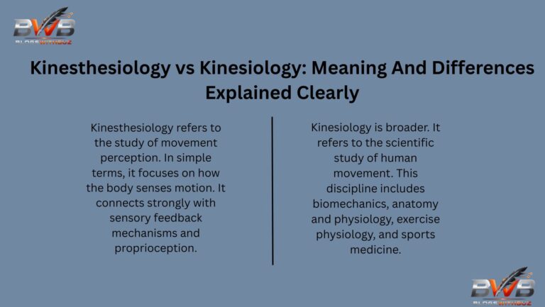 Kinesiology is broader. It refers to the scientific study of human movement. This discipline includes biomechanics, anatomy and physiology, exercise physiology, and sports medicine.